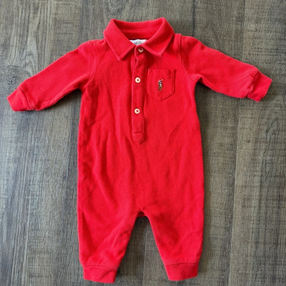 Ralph Lauren Baby Red Polo Romper 3M Embroidered‎ Pony Long Sleeve
